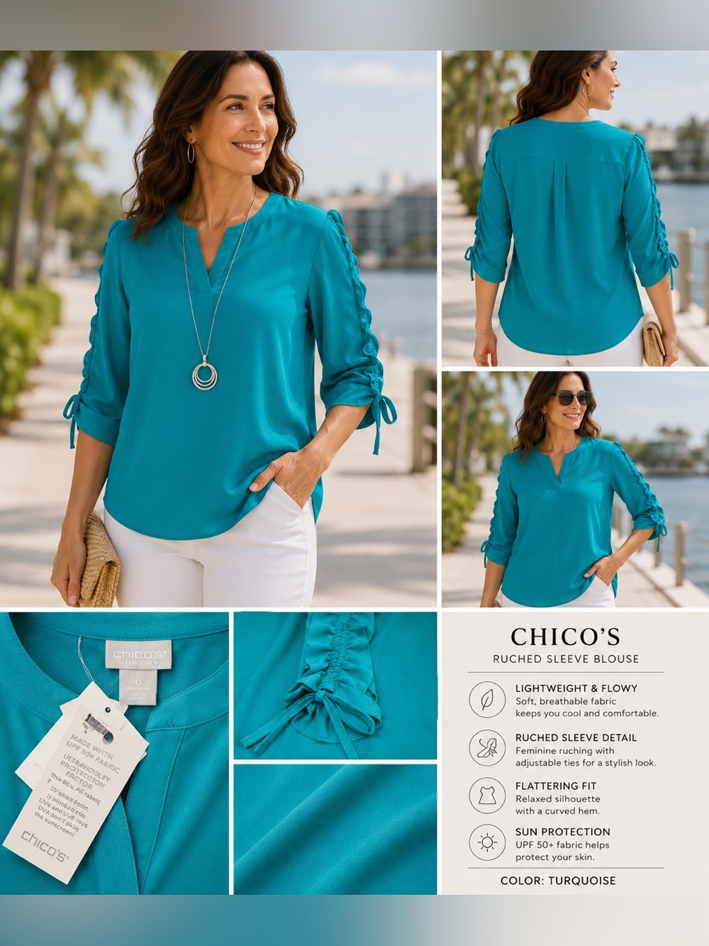 NWT Chico’s Zenergy Turquoise Ruched Sleeve UPF 50+ Blouse Women’s Size 0
